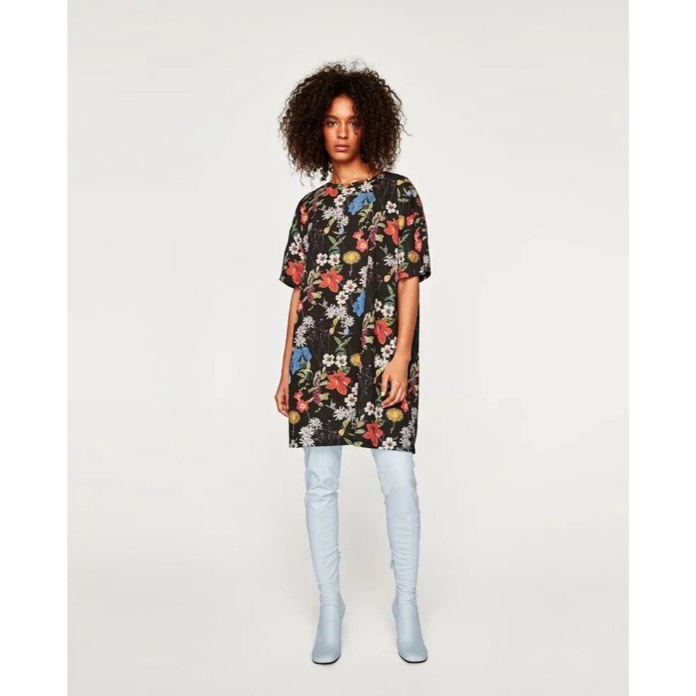 Zara Trafaluc Floral Zara Black Floral Printed T Shirt Mini Dress Small